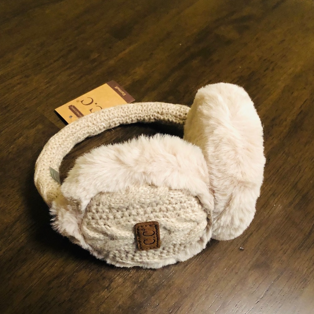 C.C  Beige Cable Knit Ear Muffs w/Faux Fur - Picture 2 of 5